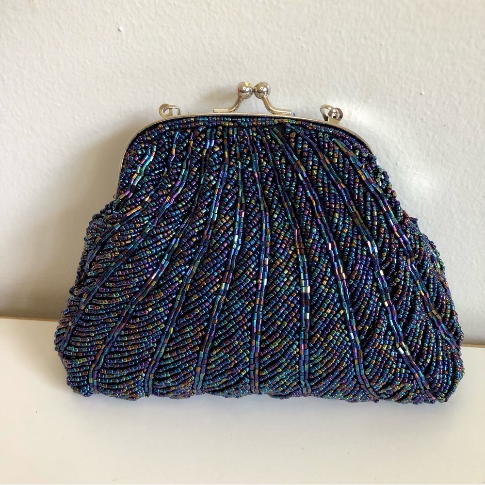 Iridescent blue small beaded bag